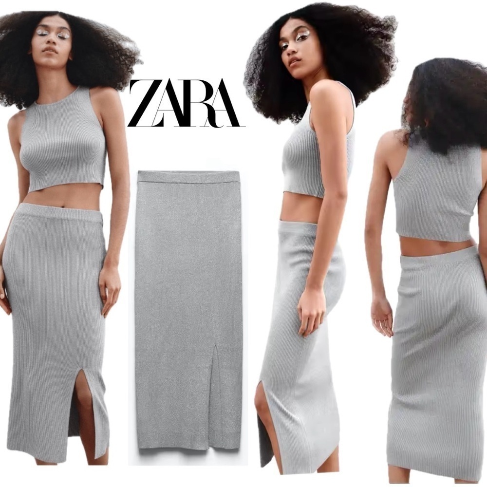 Zara metallic silver thread gray knit midi pencil skirt side slit Sz L NWOT - Picture 10 of 10